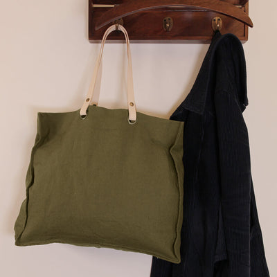 Linen tote with leather handles