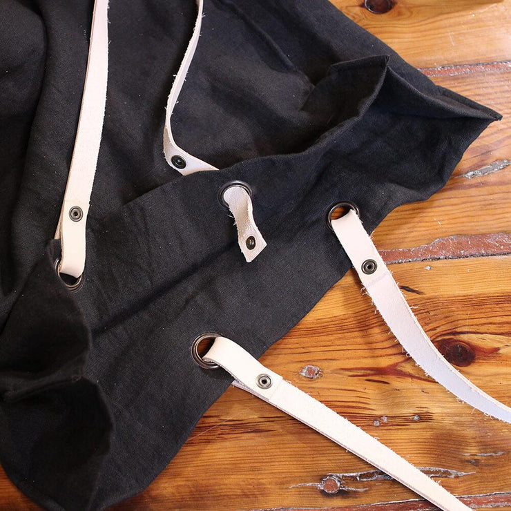 Washed Linen Bag Jet Black with leather Handle