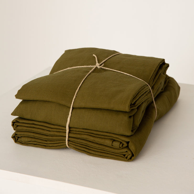 100 % Linen Sheets Set in Green Olive hue